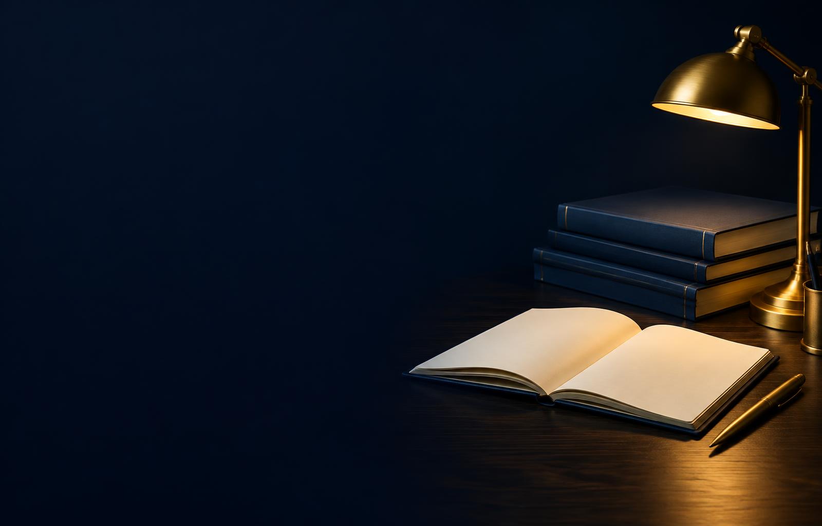 Livros, caderno e caneta sobre uma mesa de estudos